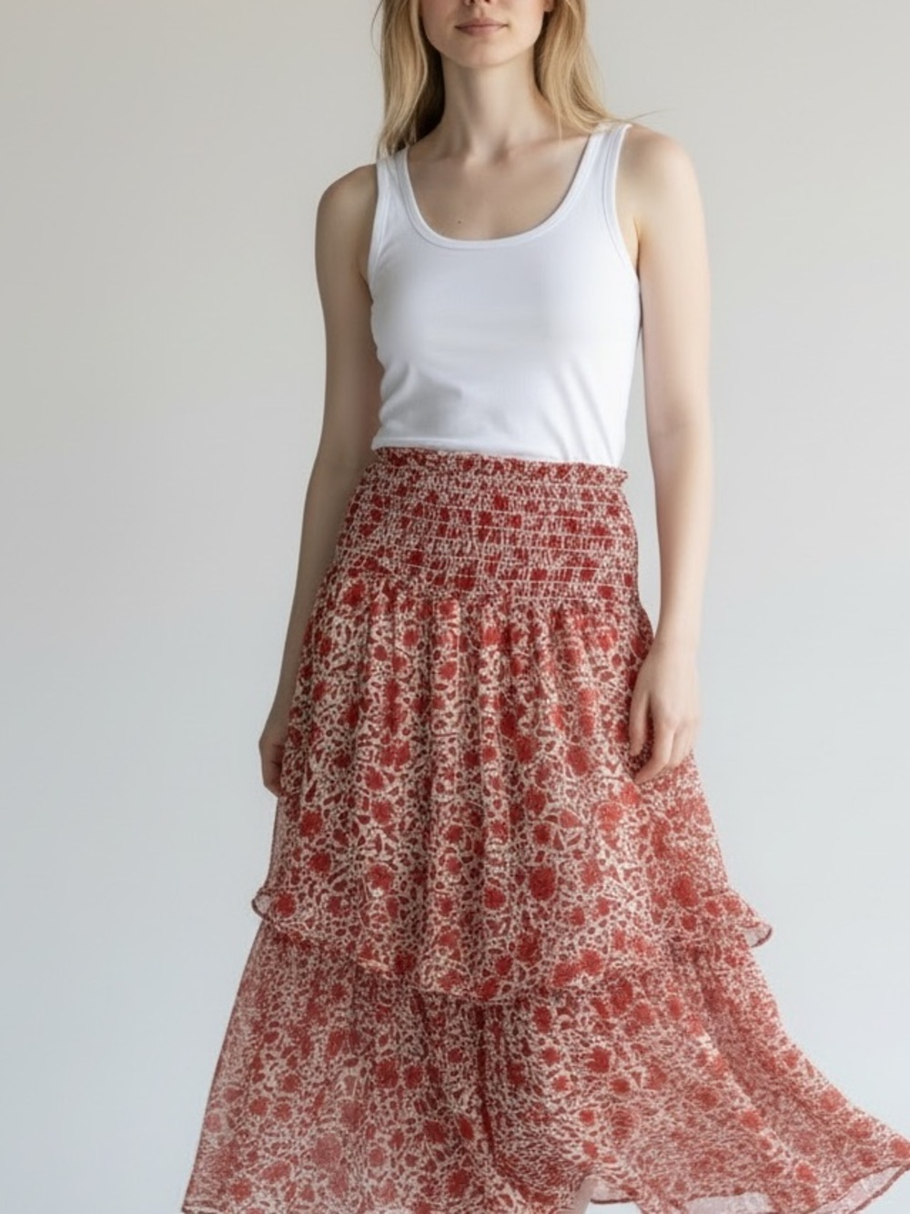 MISA Los Angeles Smocked Waist Red Floral Print Tiered Midi Skirt XS Boho Chic